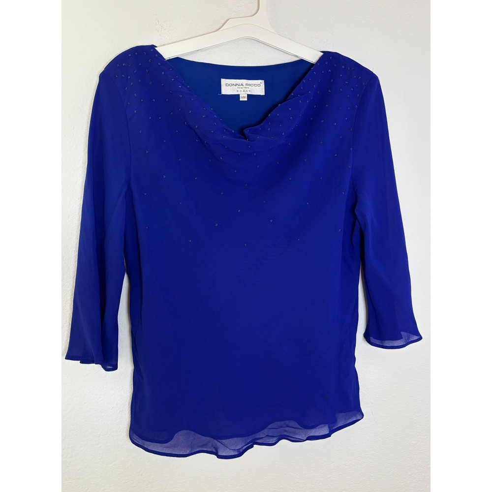Donna Ricco Woman Royal Blue Beaded Cowl Neck Chiffon Blouse Plus Size 14W